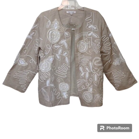 TravelSmith Applique Embroidery Trapunto Open Front LinenCotton Lined Jacket New - Picture 3 of 14